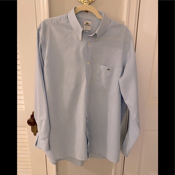 Men’s Lacoste blue and white checked button down; SZ 43 - Picture 1 of 4